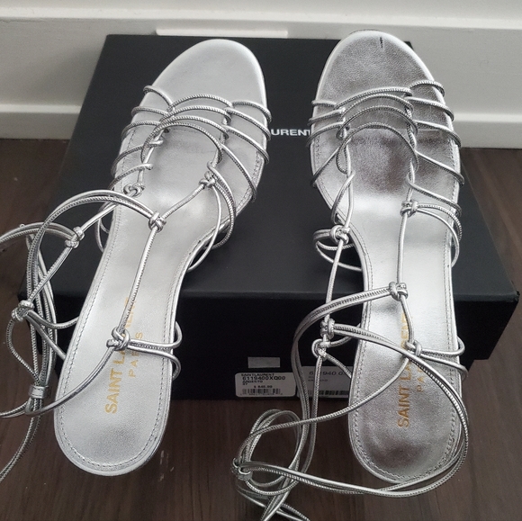 NIB SAINT LAURENT Robin 85 Metallic Argento Strappy High Heel Sandals sz 37 - Picture 5 of 12